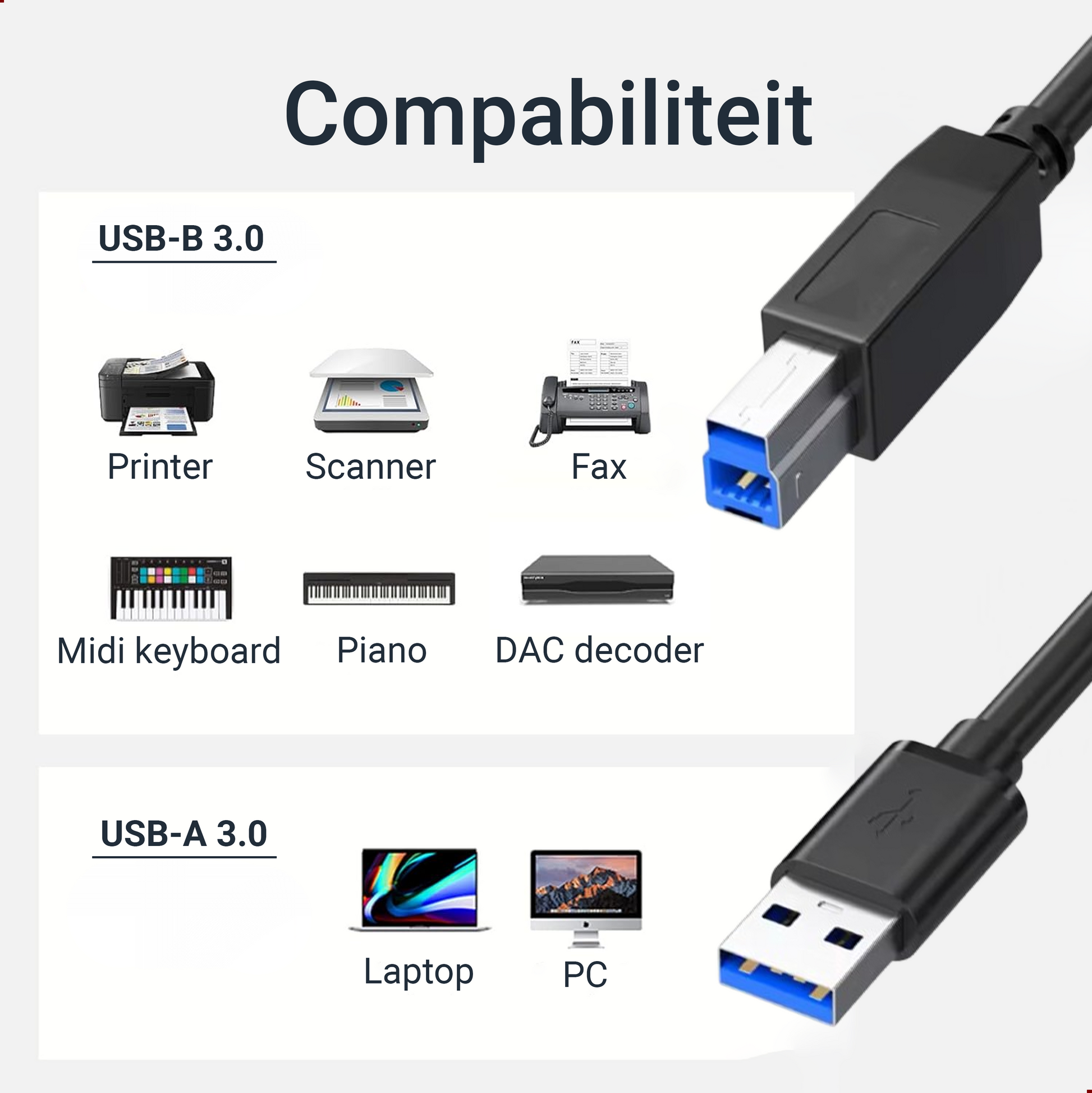 USB-A naar Printerkabel 3.0 - 3 Meter - Zwart-2
