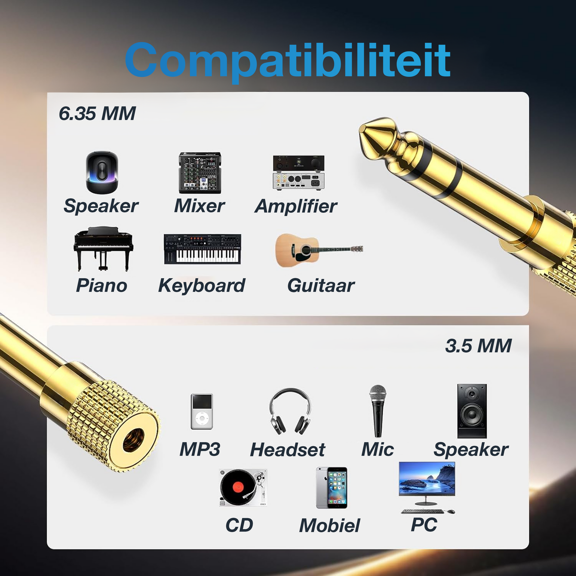 6.35 MM Stereo naar 3.5 MM Jack Adapter - Goud-2