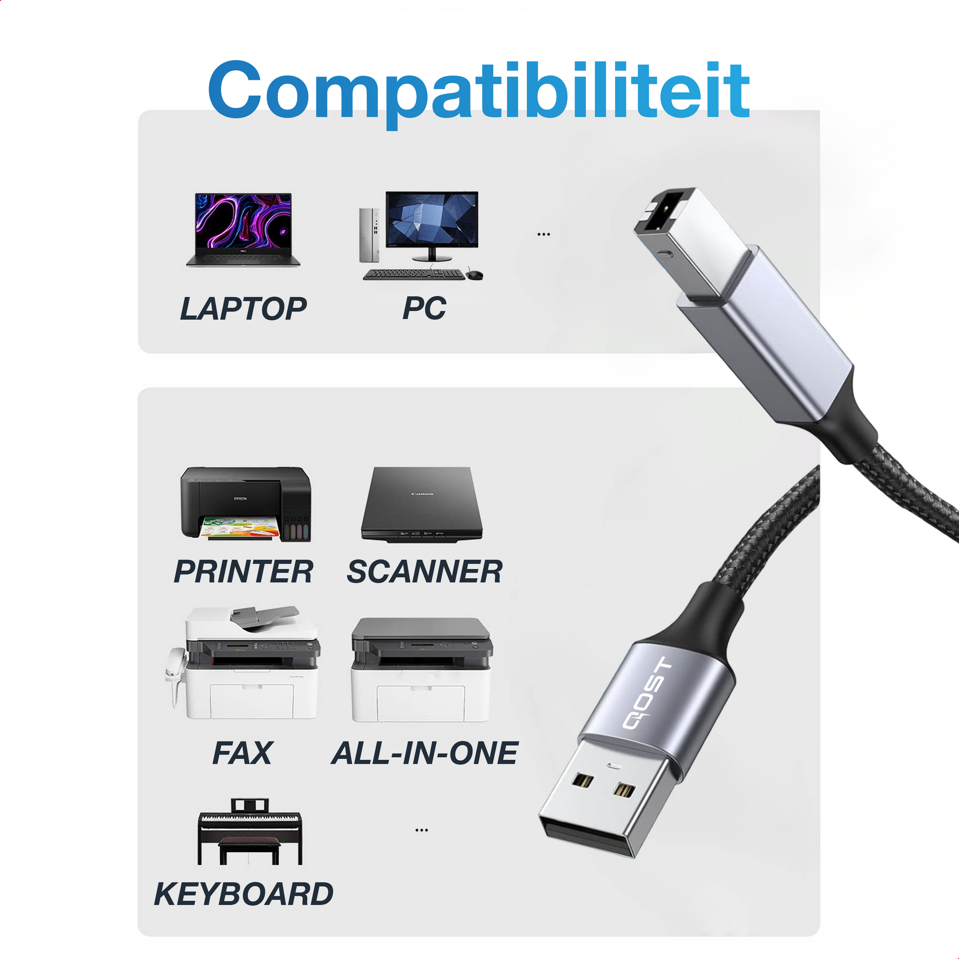 USB-A naar Printerkabel 2.0 - 3 Meter - Spacegrey-6